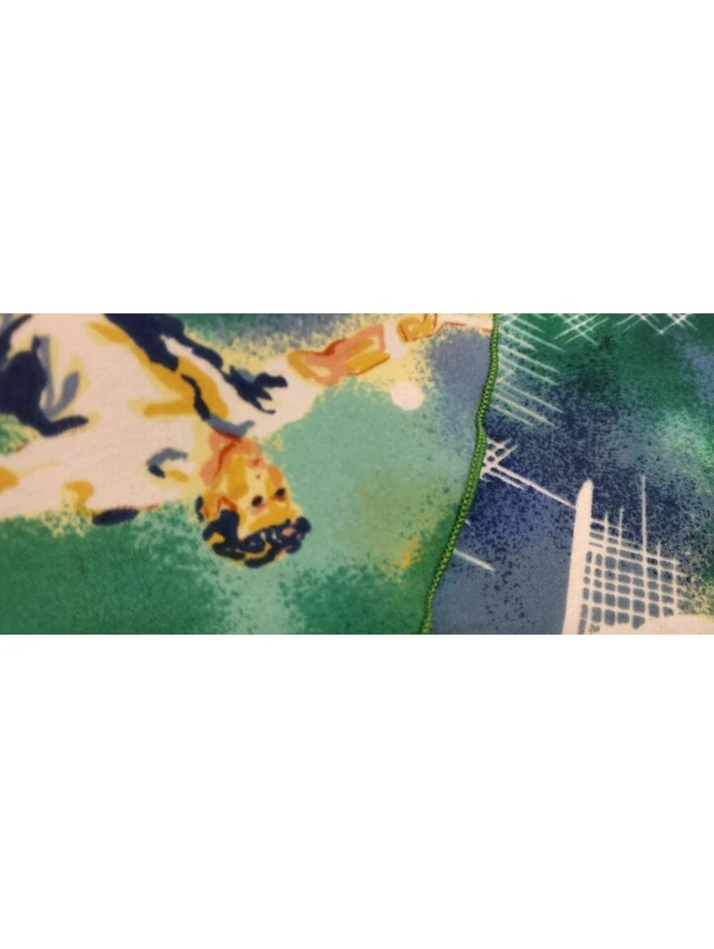 Vintage 60s 70s Oblong Long Scarf TENNIS PLAYERS Green White Blue Lettuce Edge